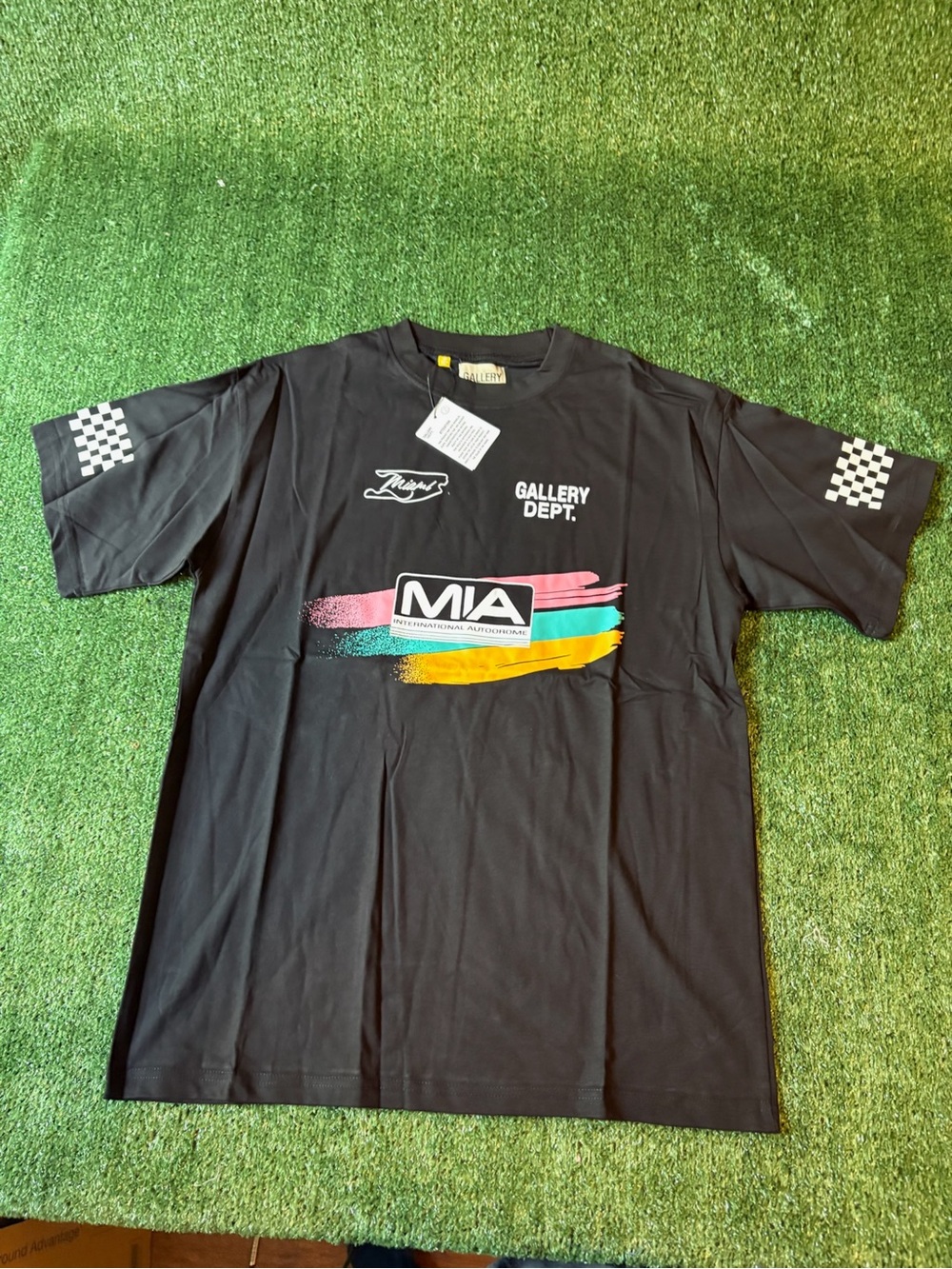 Gallery Dept Black Tee with Multicolor Paint-Stripe MIA Graphic